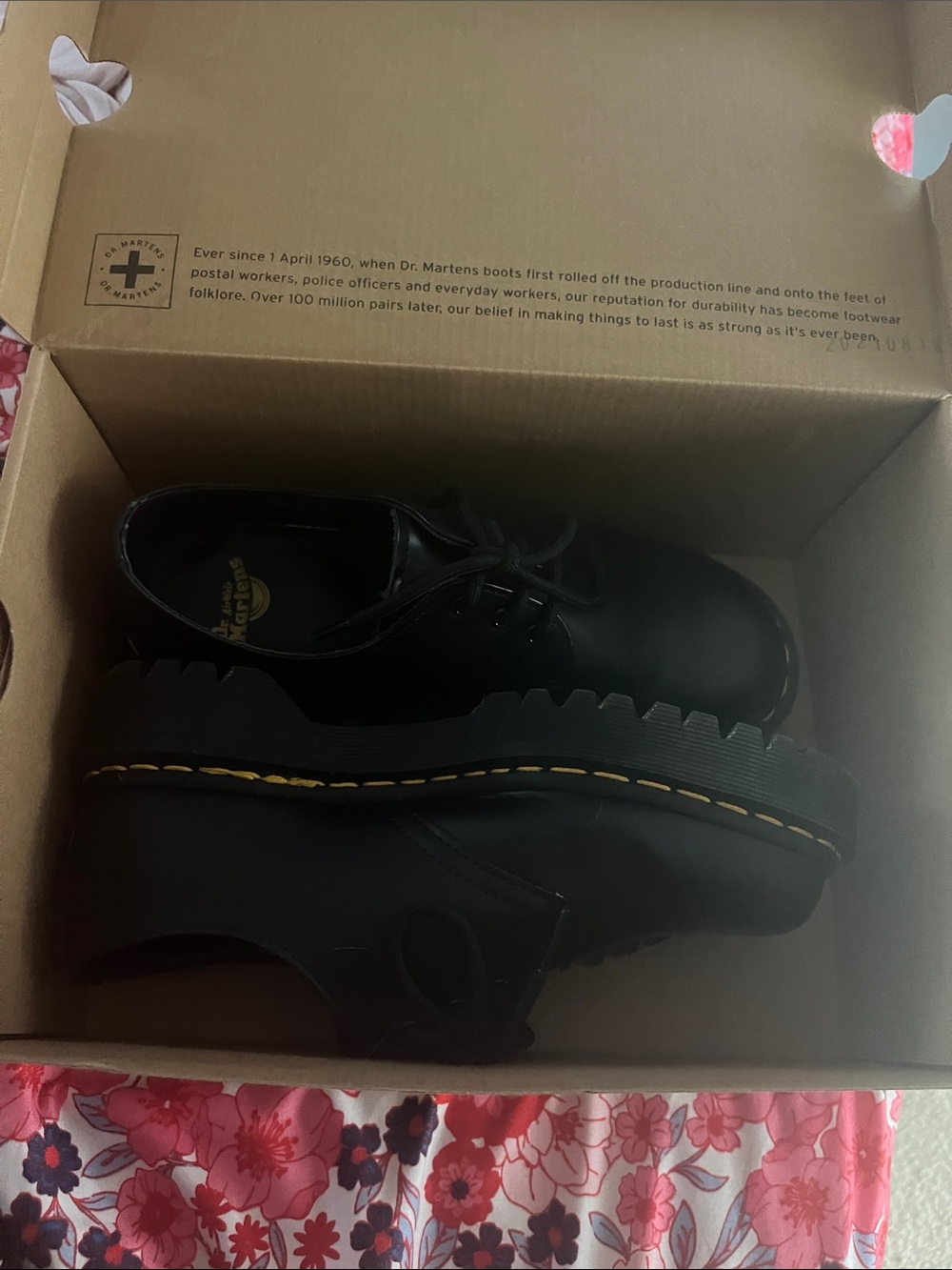 Dr. Martens Black Leather Lace-Up Oxfords with Yellow Welt Stitching